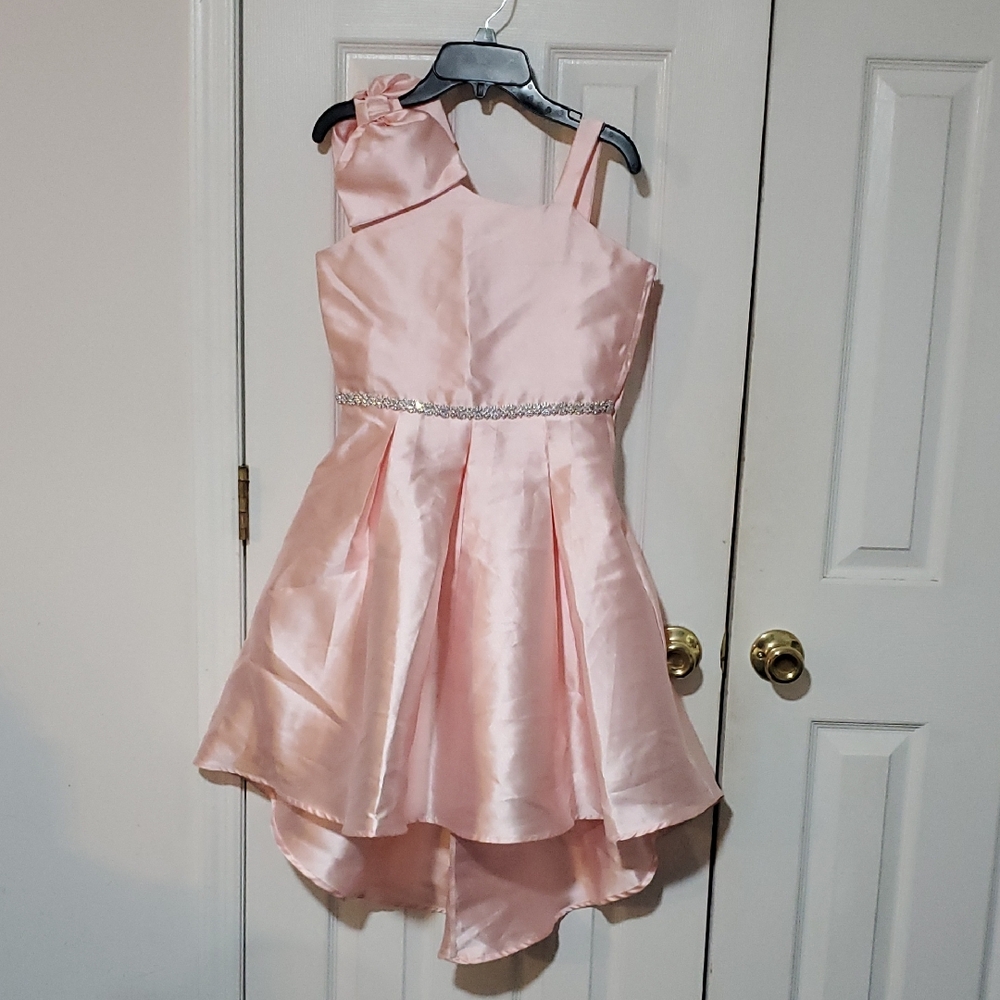 GUC - Childs Elegant Pink Satin Dress with Rhinestone Belt